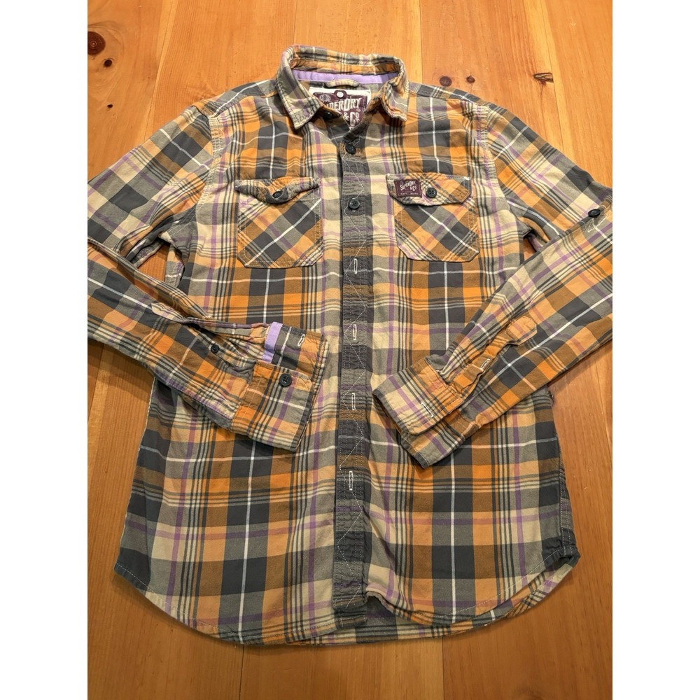 Superdry Men's L The Lumberjack Twill Plaid Shirt Orange Purple Gray 100% Cotton